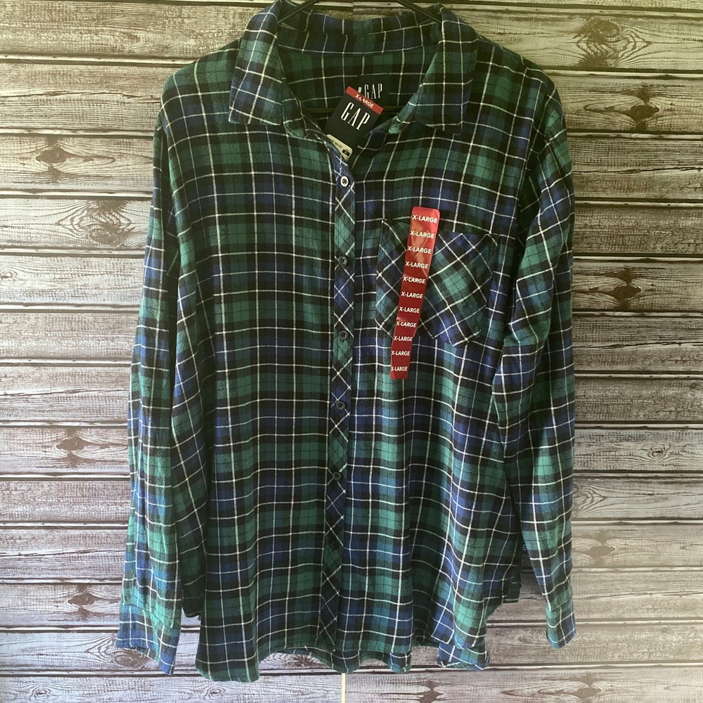 Gap Women's Flannel Long-Sleeved‎ Button-Down Top Size XL Blue Plaid Logo NWT